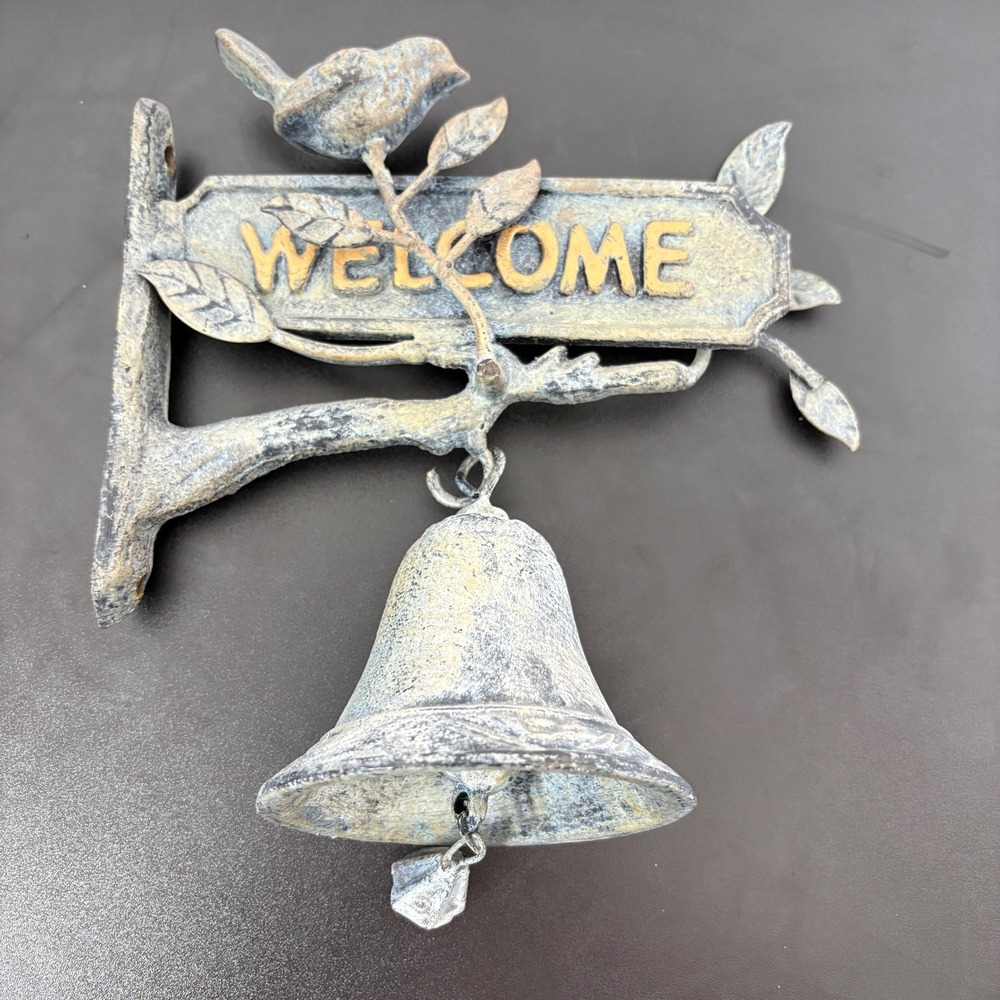 Home Welcome Bell 9.5in Gray Gold Bird Leaf Cast Iron Rustic Decor Outdoor